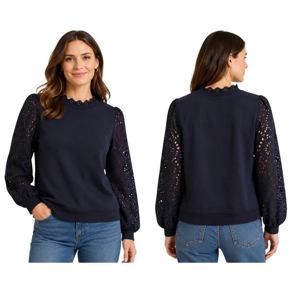 Boden Navy Eyelet Lace Sleeve Sweatshirt, Scalloped Neck, Women's Size 10